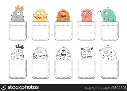 Set of 10 pockets with cute monsters. Funny monsters in the pockets. Ideal for printing t-shirts.