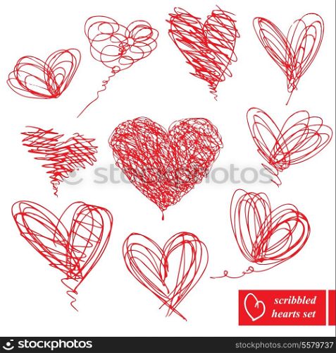 Set of 10 scribbled hand-drawn sketch hearts for Valentines Day design