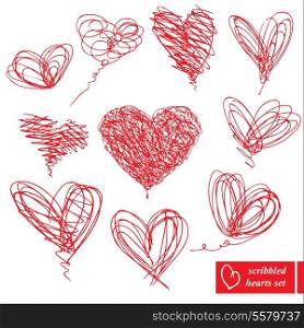 Set of 10 scribbled hand-drawn sketch hearts for Valentines Day design