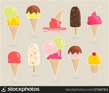 Set of 10 vector ice cream stickers with different toppings. Set of 10 vector ice cream stickers