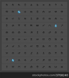 Set of 100 interface buttons for business, entertainment and science on dark background. Vector illustration.