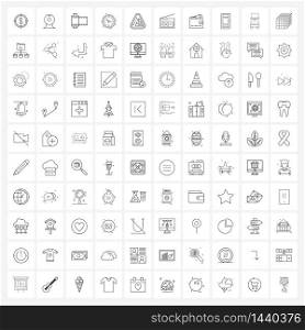 Set of 100 Line Icon Signs and Symbols of traffic sign, land sliding sign board, movies, day, time Vector Illustration