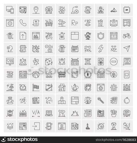 Set of 100 Universal Modern Thin Line Icons for Mobile and Web. Mix Business icons Like Arrows, Avatars , Smileys, Business, Weather