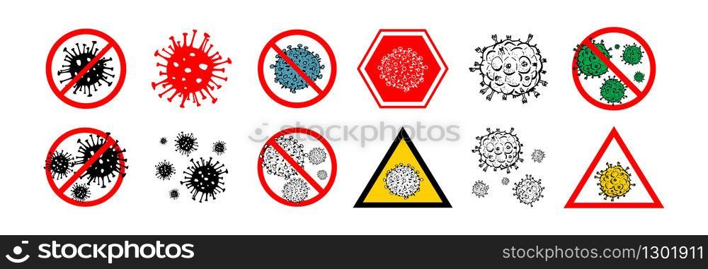 Set of 12 2019-nCoV bacteria isolated on white background. few Coronavirus in red circle vector Icon. COVID-19 bacteria corona virus disease sign. SARS pandemic concept symbol. Pandemic. Human health. Set of 12 2019-nCoV bacteria isolated on white background. few Coronavirus in red circle vector Icon. COVID-19 bacteria corona virus disease sign. SARS pandemic concept symbol. Pandemic. Human health .