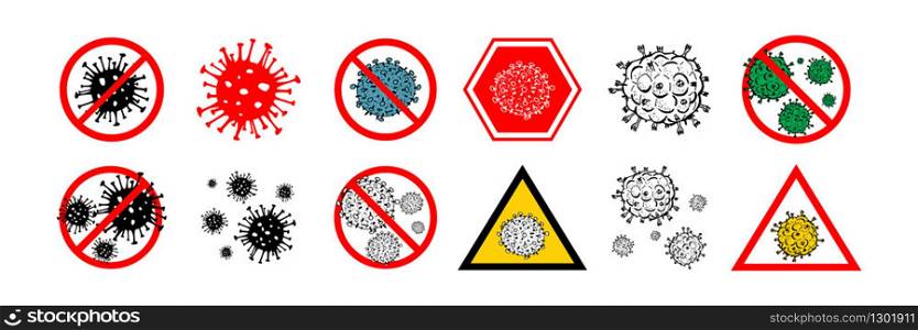 Set of 12 2019-nCoV bacteria isolated on white background. few Coronavirus in red circle vector Icon. COVID-19 bacteria corona virus disease sign. SARS pandemic concept symbol. Pandemic. Human health. Set of 12 2019-nCoV bacteria isolated on white background. few Coronavirus in red circle vector Icon. COVID-19 bacteria corona virus disease sign. SARS pandemic concept symbol. Pandemic. Human health .