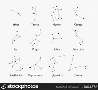 Set of 12 black zodiac constellations with titles isolated on light gray background: Aries, Taurus, Gemini, Cancer, Leo, Virgo, Libra, Scorpius, Sagittarius Capricornus Aquarius Pisces. Set of 12 black zodiac constellations with titles isolated on light gray background.