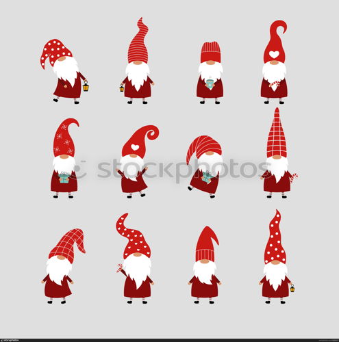 Set of 12 Christmas gnomes on a gray background. Vector card with gnomes in red hats.