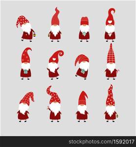 Set of 12 Christmas gnomes on a gray background. Vector card with gnomes in red hats.