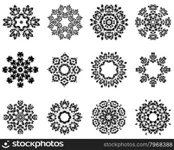 Set of 12 Circle Ornaments in Shape of Snowflakes.