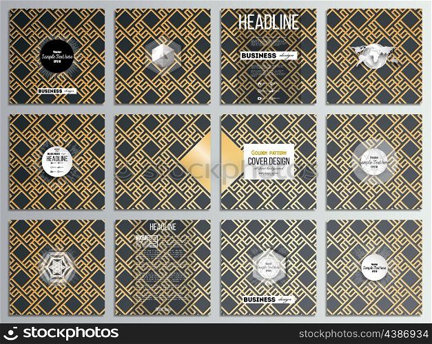 Set of 12 creative cards, square brochure template design. Islamic gold pattern with overlapping geometric square shapes forming abstract ornament. Vector stylish golden texture on black background.