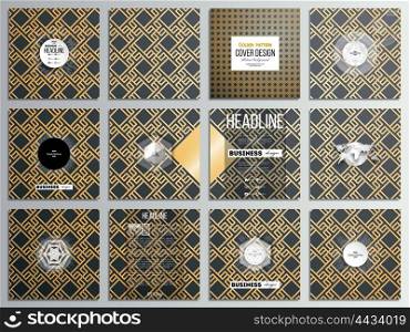 Set of 12 creative cards, square brochure template design. Islamic gold pattern with overlapping geometric square shapes forming abstract ornament. Vector stylish golden texture on black background.