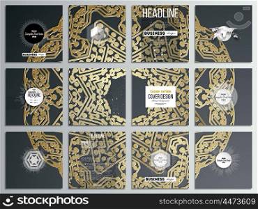 Set of 12 creative cards, square brochure template design. Golden microchip pattern on dark background with connecting dots and lines, connection structure. Digital scientific vector.