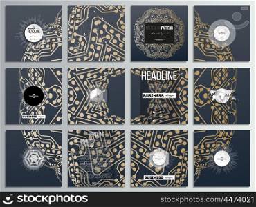 Set of 12 creative cards, square brochure template design. Golden microchip pattern, abstract template with connecting dots and lines, connection structure. Digital scientific vector background