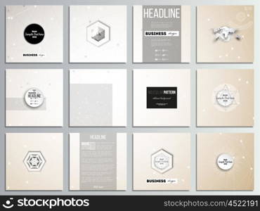 Set of 12 creative cards, square brochure template design. Abstract polygonal low poly backdrop with connecting dots and lines, connection structure. Vector or digital science background.