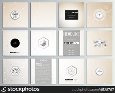 Set of 12 creative cards, square brochure template design. Abstract polygonal low poly backdrop with connecting dots and lines, connection structure. Vector or digital science background.