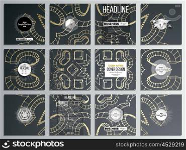 Set of 12 creative cards, square brochure template design. Polygonal backdrop with golden connecting dots and lines, connection structure. Digital scientific background.