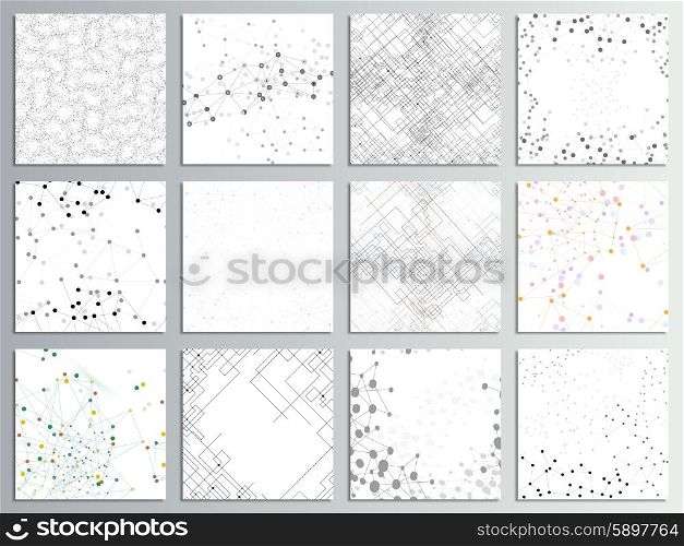 Set of 12 creative cards, square brochure template design. Molecular structure, gray backgrounds for communication, science abstract vector illustration.