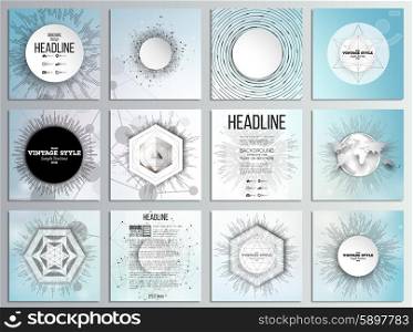 Set of 12 creative cards, square brochure template design. Molecular structure, blue backgrounds for communication, science abstract vector illustration.