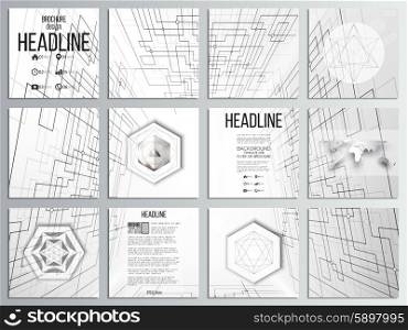 Set of 12 creative cards, square brochure template design. Technical construction with connected lines and dots. Vector illustration.