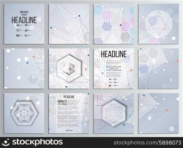 Set of 12 creative cards, square brochure template design. Abstract backgrounds, conceptual technical design, vector templates.