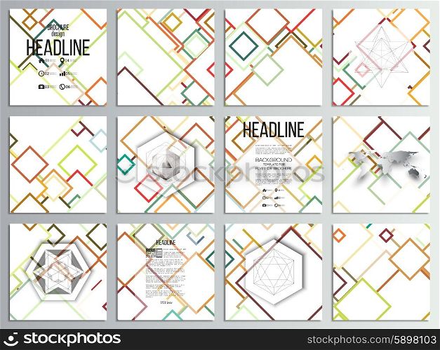 Set of 12 creative cards, square brochure template design. Abstract colorful background, square design vector illustration.