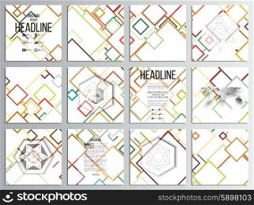 Set of 12 creative cards, square brochure template design. Abstract colorful background, square design vector illustration.