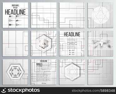 Set of 12 creative cards, square brochure template design. Technical construction with connected lines and dots. Vector illustration.