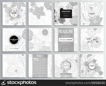 Set of 12 creative cards, square brochure template design. Hand drawn floral doodle pattern, abstract vector background.