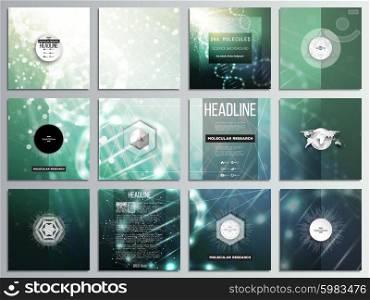 Set of 12 creative cards, square brochure template design. DNA molecule structure on dark green background. Science vector background.
