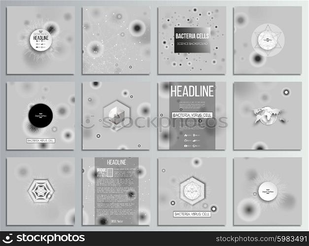 Set of 12 creative cards, square brochure template design. Molecular research, illustration of cells in gray, science vector background.