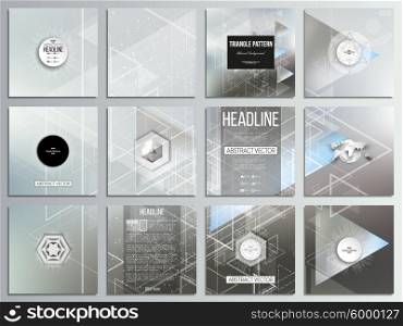 Set of 12 creative cards, square brochure template design. Abstract blurred vector background with triangles, lines and dots.