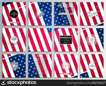 Set of 12 creative cards, square brochure template design. Presidents day background with american flag, abstract vector illustration