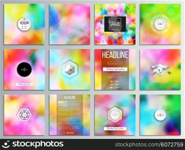 Set of 12 creative cards, square brochure template design. Colorful background for Holi celebration, vector illustration.