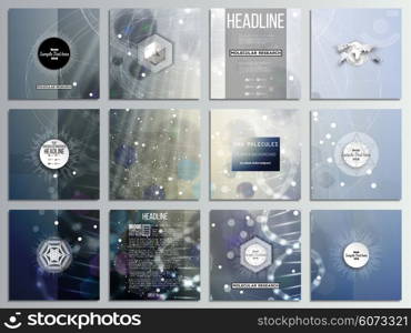 Set of 12 creative cards, square brochure template design. DNA molecule structure on dark blue background. Science vector background.