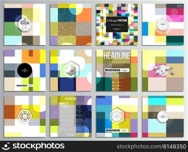 Set of 12 creative cards, square brochure template design. Abstract colorful business background, modern stylish vector texture.
