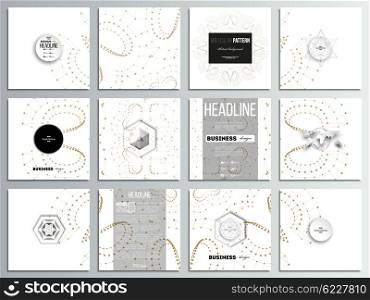 Set of 12 creative cards, square brochure template design. Polygonal low poly backdrop with connecting dots and lines, golden connection structure on white background. Digital or science vector.
