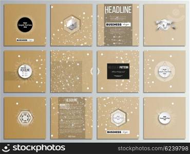 Set of 12 creative cards, square brochure template design. Abstract polygonal low poly backdrop with connecting dots and lines, golden background, connection structure. Digital or science vector.