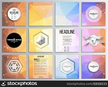 Set of 12 creative cards, square brochure template design. Abstract multicolored background. Scientific digital design, science vector illustration.