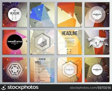 Set of 12 creative cards, square brochure template design. Abstract multicolored background. Scientific digital design, science vector illustration.