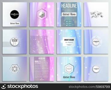 Set of 12 creative cards, square brochure template design. Abstract wave vector background.