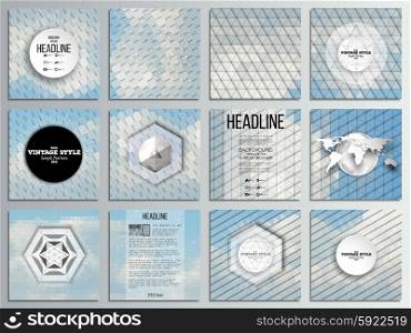 Set of 12 creative cards, square brochure template design. Blue cloudy sky. Collection of abstract multicolored backgrounds. Natural geometrical patterns. Triangular and hexagonal style vector