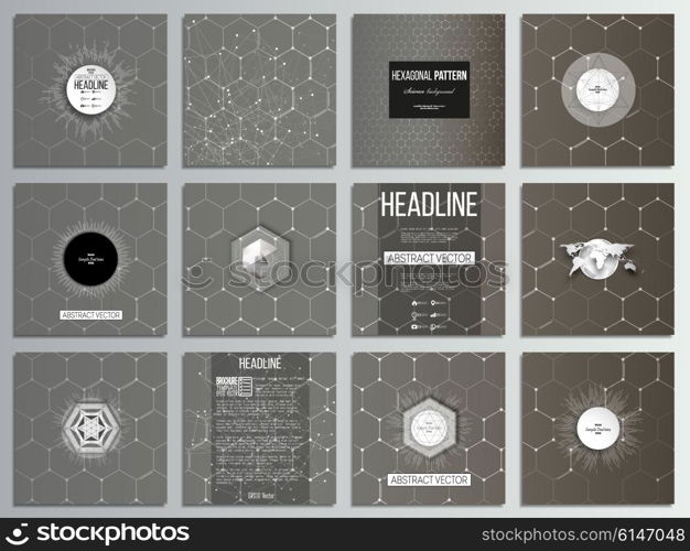 Set of 12 creative cards, square brochure template design. Chemistry pattern, hexagonal design vector illustration.