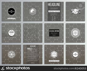 Set of 12 creative cards, square brochure template design. Chemistry pattern, hexagonal design vector illustration.