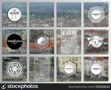 Set of 12 creative cards, square brochure template design. City landscape. Abstract multicolored backgrounds. Natural geometrical patterns. Triangular and hexagonal style.
