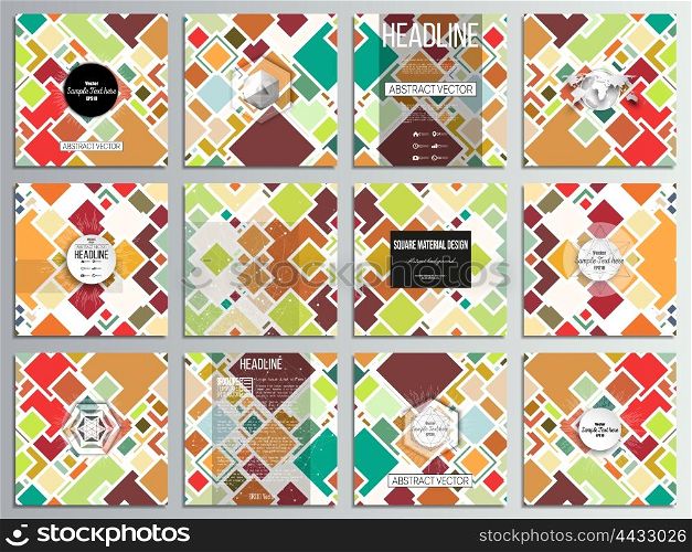 Set of 12 creative cards, square brochure template design. Colored vector background.