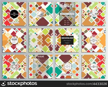 Set of 12 creative cards, square brochure template design. Colored vector background.