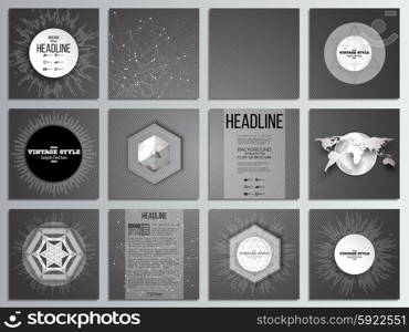 Set of 12 creative cards, square brochure template design. Dark design, textured vector background.