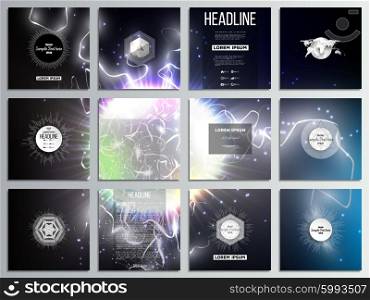 Set of 12 creative cards, square brochure template design. Electric lighting effect. Magic vector background with lightning.