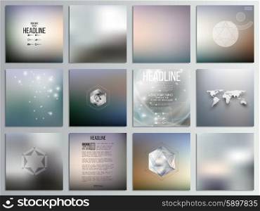 Set of 12 creative cards, square brochure template design, geometric backgrounds set, abstract blurred colorful vector patterns.