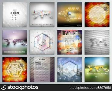 Set of 12 creative cards, square brochure template design, geometric backgrounds set, abstract polygonal colorful vector patterns, world map infographics.